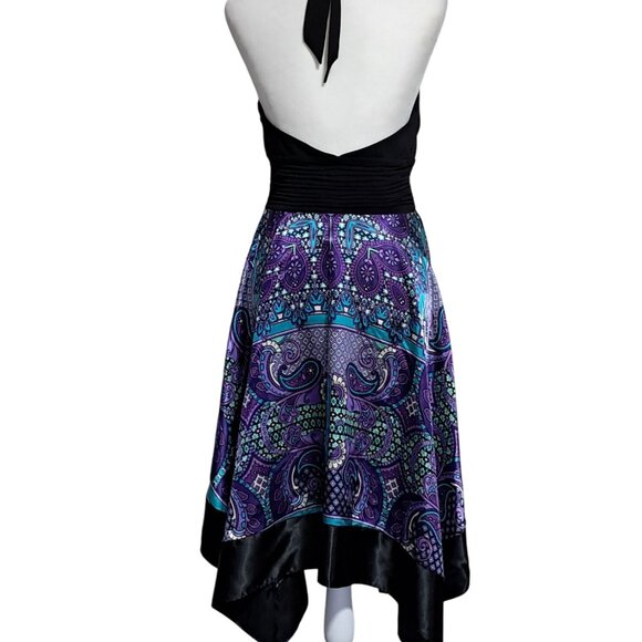 Signature By Sangria Halter Black & Purple Paisley Handkerchief Hem Dress Size 1 - Picture 7 of 10